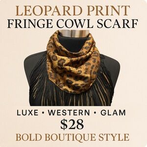 New Leopard Cowl Scarf with Black & Gold Chain Fringe – Western Chic Collar